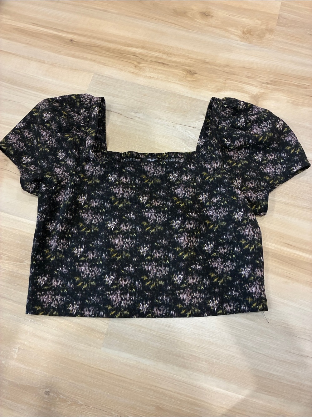 Madewell Black Floral Square-Neck Puff Sleeve Crop Top
